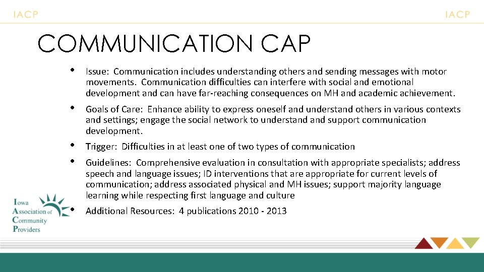 COMMUNICATION CAP • Issue: Communication includes understanding others and sending messages with motor movements.