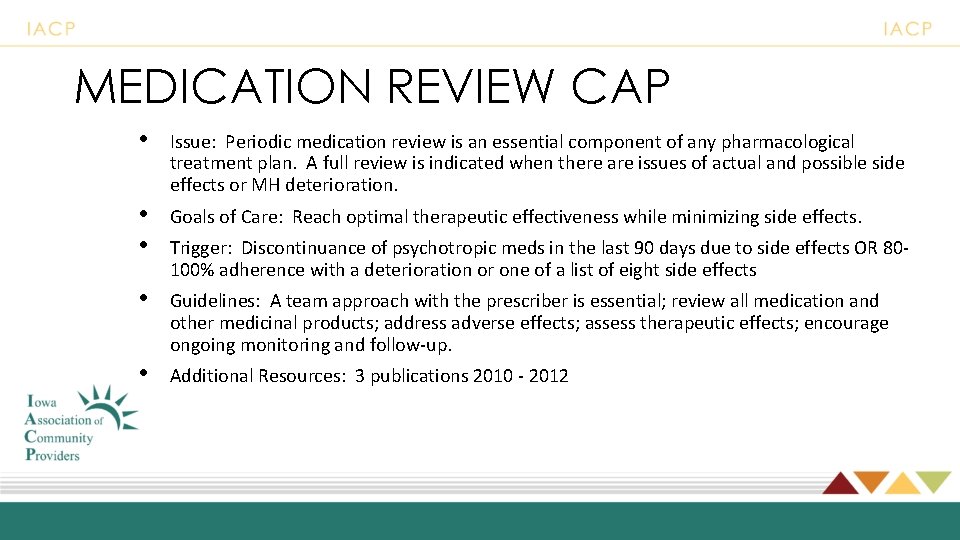 MEDICATION REVIEW CAP • Issue: Periodic medication review is an essential component of any