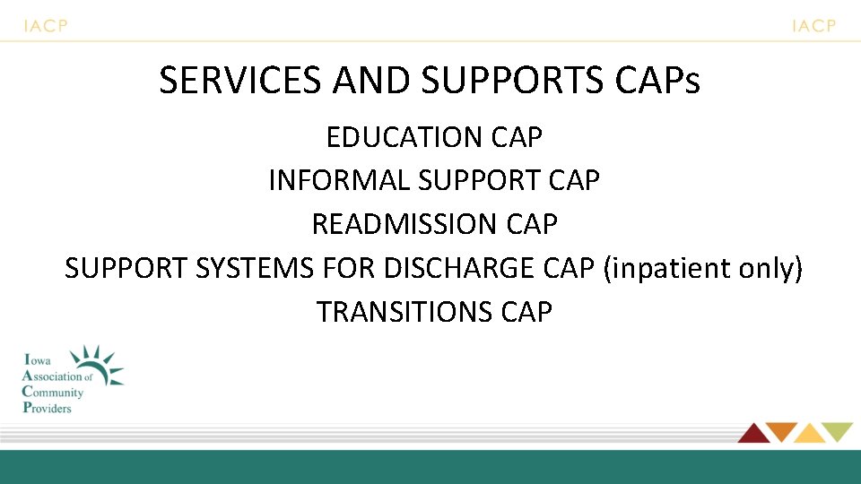 SERVICES AND SUPPORTS CAPs EDUCATION CAP INFORMAL SUPPORT CAP READMISSION CAP SUPPORT SYSTEMS FOR