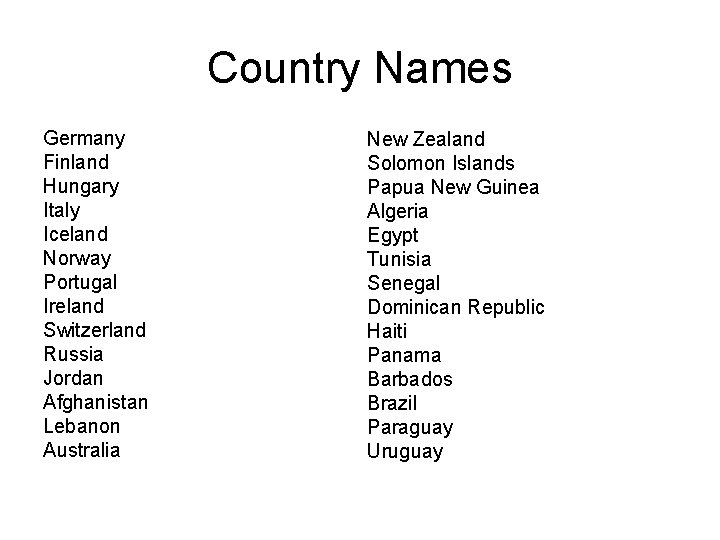 Country Names Germany Finland Hungary Italy Iceland Norway Portugal Ireland Switzerland Russia Jordan Afghanistan