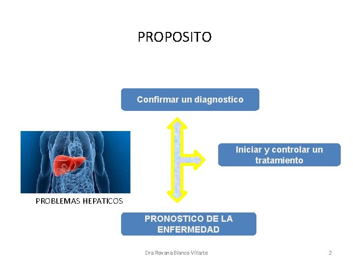 PROPOSITO Confirmar un diagnostico Iniciar y controlar un tratamiento PROBLEMAS HEPATICOS PRONOSTICO DE LA