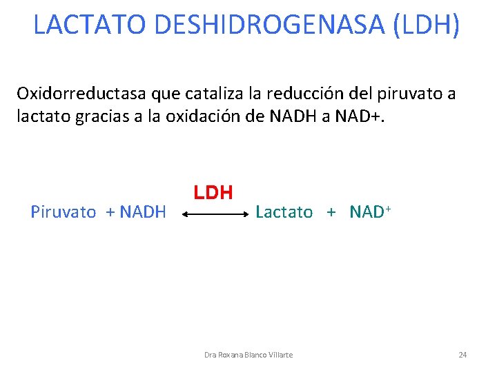 LACTATO DESHIDROGENASA (LDH) Oxidorreductasa que cataliza la reducción del piruvato a lactato gracias a