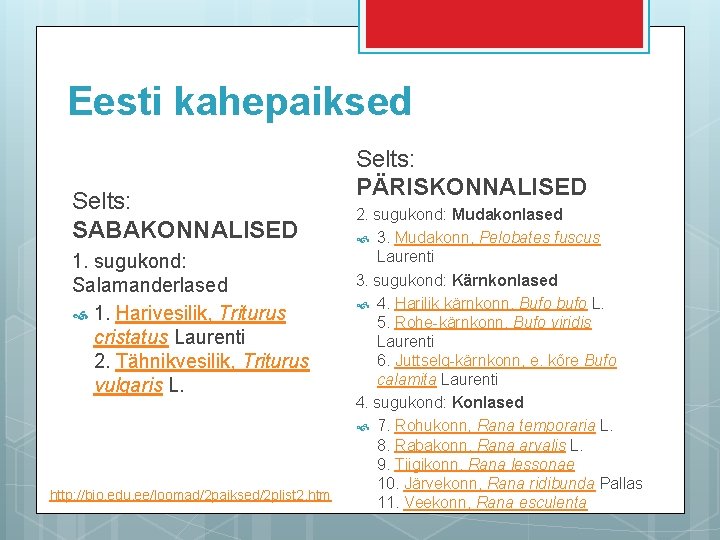 Eesti kahepaiksed Selts: SABAKONNALISED 1. sugukond: Salamanderlased 1. Harivesilik, Triturus cristatus Laurenti 2. Tähnikvesilik,