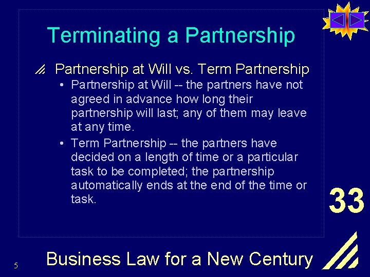 Terminating a Partnership p Partnership at Will vs. Term Partnership • Partnership at Will