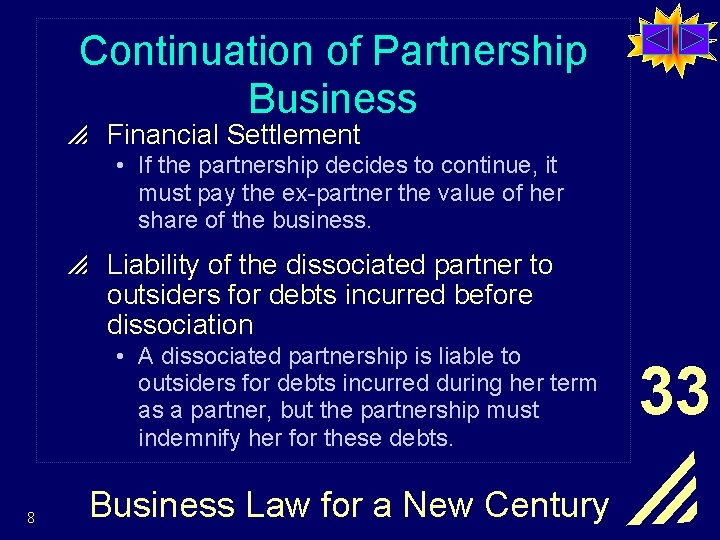 Continuation of Partnership Business p Financial Settlement • If the partnership decides to continue,