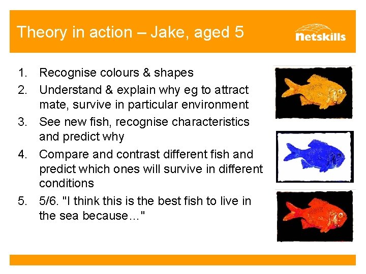 Theory in action – Jake, aged 5 1. Recognise colours & shapes 2. Understand