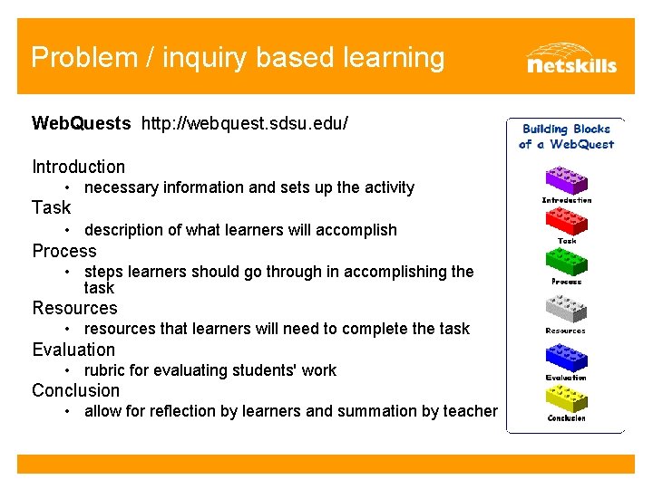 Problem / inquiry based learning Web. Quests http: //webquest. sdsu. edu/ Introduction • necessary