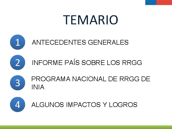 TEMARIO 1 ANTECEDENTES GENERALES 2 INFORME PAÍS SOBRE LOS RRGG 3 PROGRAMA NACIONAL DE