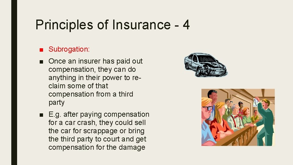 Principles of Insurance - 4 ■ Subrogation: ■ Once an insurer has paid out