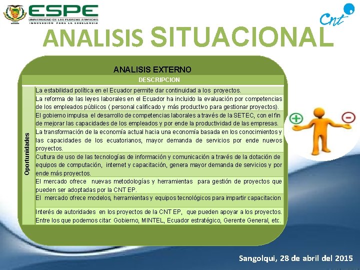 ANALISIS SITUACIONAL ANALISIS EXTERNO Oportunidades DESCRIPCION La estabilidad política en el Ecuador permite dar