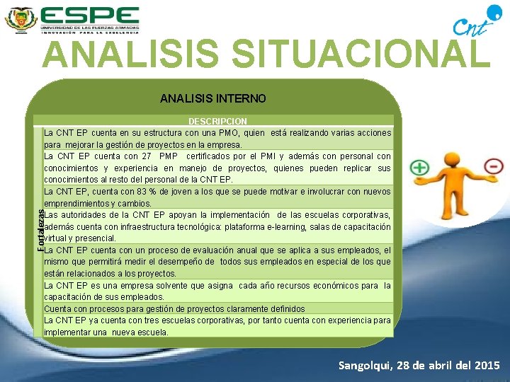 ANALISIS SITUACIONAL ANALISIS INTERNO Fortalezas DESCRIPCION La CNT EP cuenta en su estructura con