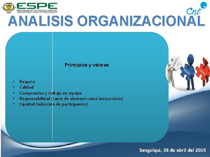 ANALISIS ORGANIZACIONAL Principios y valores • • • Respeto Calidad Compromiso y trabajo en