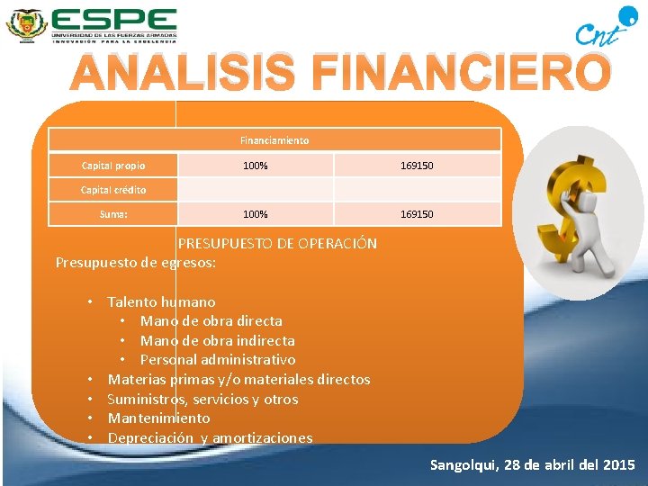 ANALISIS FINANCIERO Financiamiento Capital propio 100% 169150 Capital crédito Suma: PRESUPUESTO DE OPERACIÓN Presupuesto