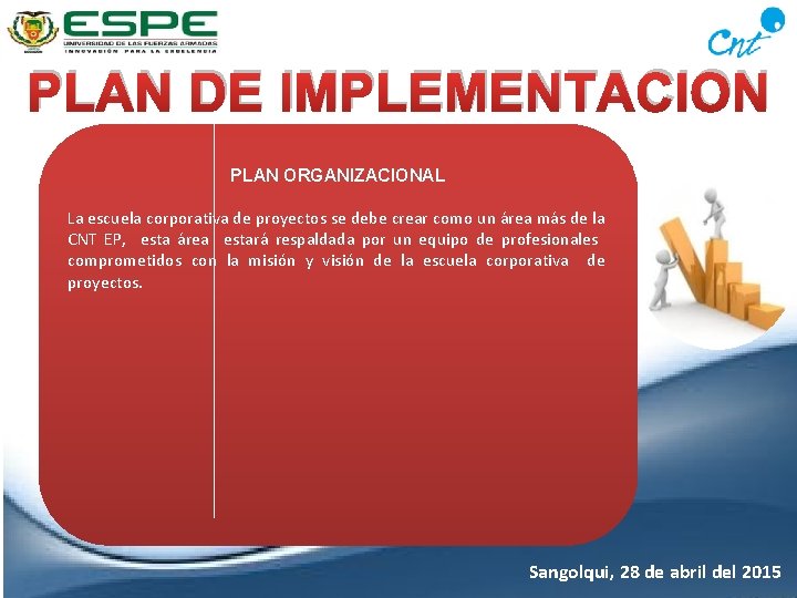 PLAN DE IMPLEMENTACION PLAN ORGANIZACIONAL La escuela corporativa de proyectos se debe crear como