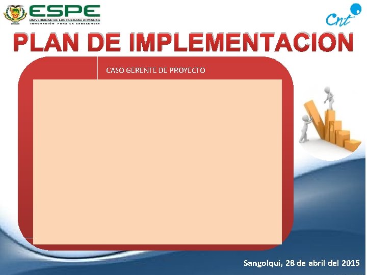 PLAN DE IMPLEMENTACION CASO GERENTE DE PROYECTO Sangolqui, 28 de abril del 2015 