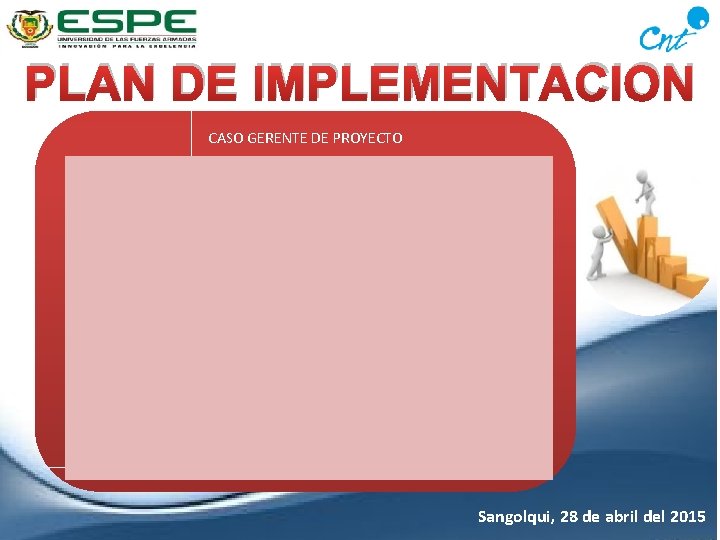 PLAN DE IMPLEMENTACION CASO GERENTE DE PROYECTO Sangolqui, 28 de abril del 2015 