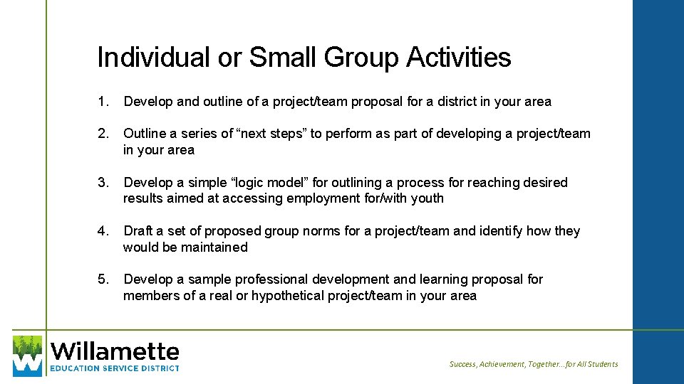 Individual or Small Group Activities 1. Develop and outline of a project/team proposal for