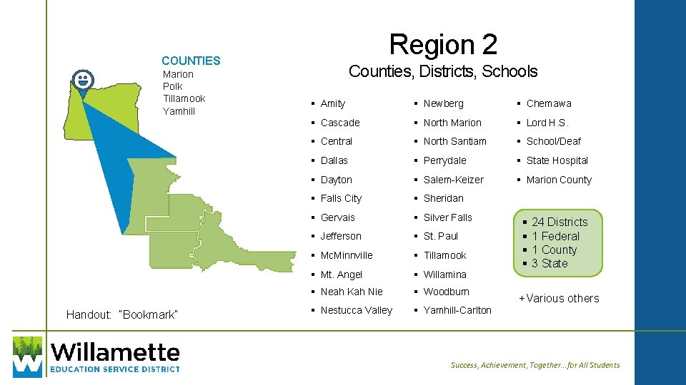 Region 2 COUNTIES Marion Polk Tillamook Yamhill Handout: “Bookmark” Counties, Districts, Schools § Amity