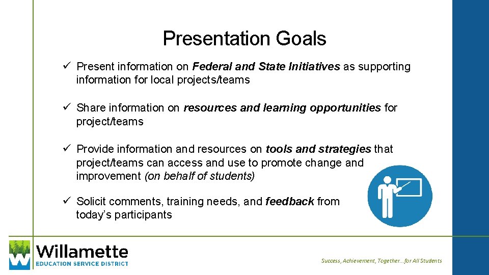 Presentation Goals ü Present information on Federal and State Initiatives as supporting information for