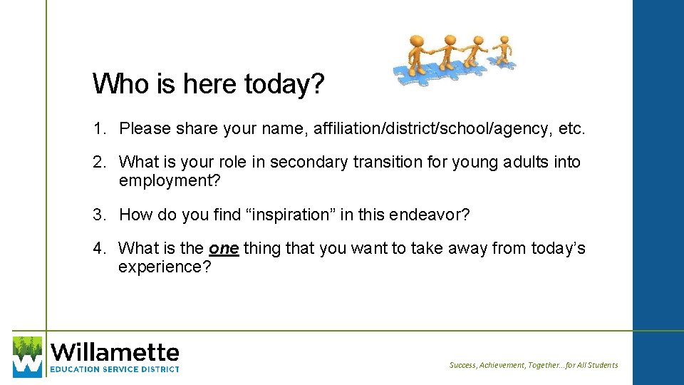 Who is here today? 1. Please share your name, affiliation/district/school/agency, etc. 2. What is