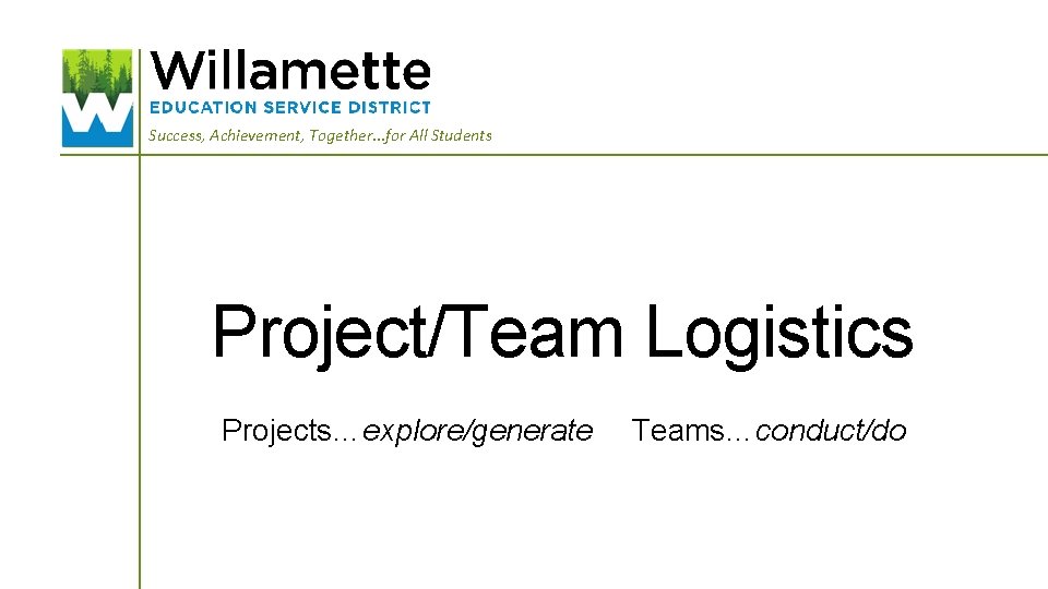 Success, Achievement, Together. . . for All Students Project/Team Logistics Projects…explore/generate Teams…conduct/do 