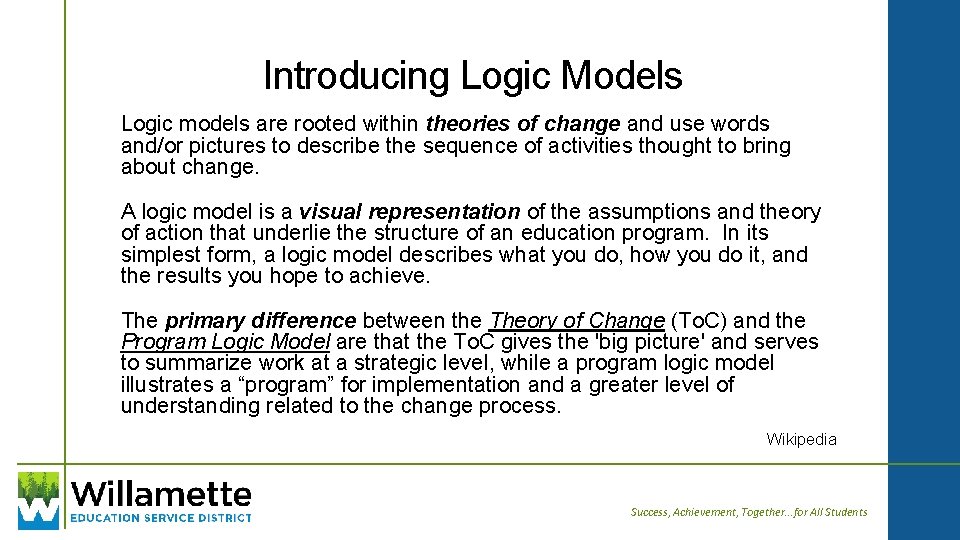 Introducing Logic Models Logic models are rooted within theories of change and use words