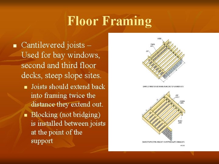 Floor Framing n Cantilevered joists – Used for bay windows, second and third floor