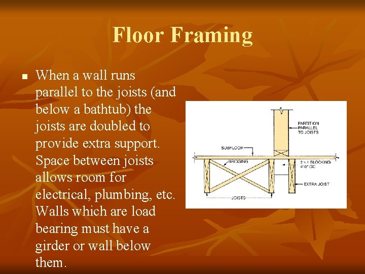 Floor Framing n When a wall runs parallel to the joists (and below a