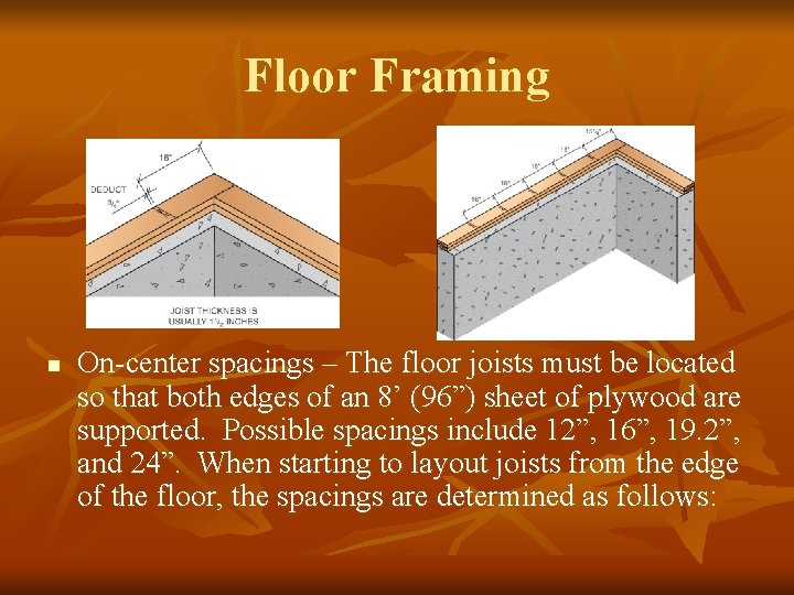 Floor Framing n On-center spacings – The floor joists must be located so that