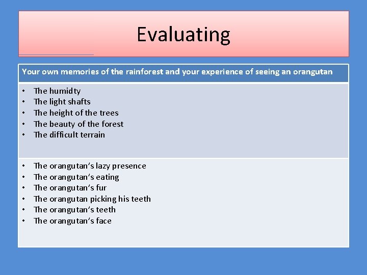 Evaluating Your own memories of the rainforest and your experience of seeing an orangutan