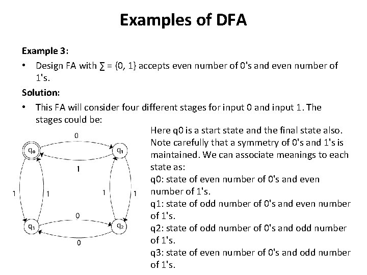 Examples of DFA Example 3: • Design FA with ∑ = {0, 1} accepts