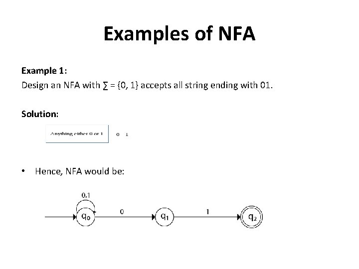 Examples of NFA Example 1: Design an NFA with ∑ = {0, 1} accepts
