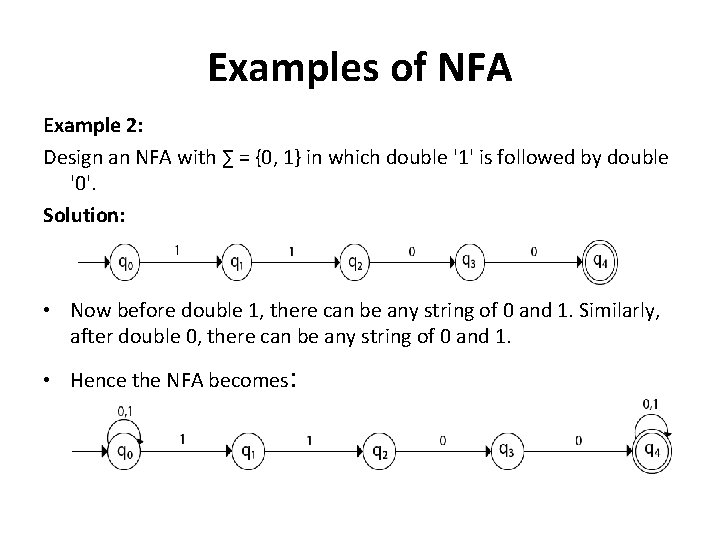 Examples of NFA Example 2: Design an NFA with ∑ = {0, 1} in