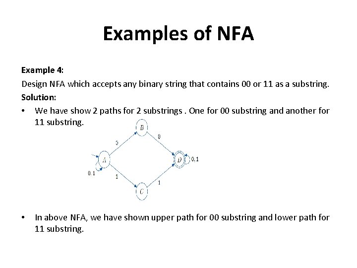 Examples of NFA Example 4: Design NFA which accepts any binary string that contains