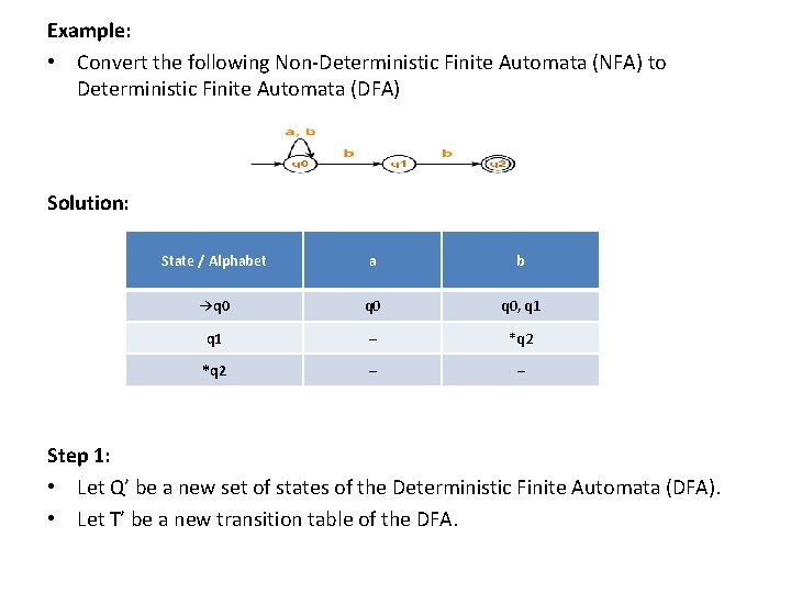 Example: • Convert the following Non-Deterministic Finite Automata (NFA) to Deterministic Finite Automata (DFA)
