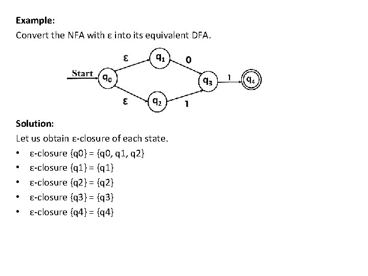 Example: Convert the NFA with ε into its equivalent DFA. Solution: Let us obtain