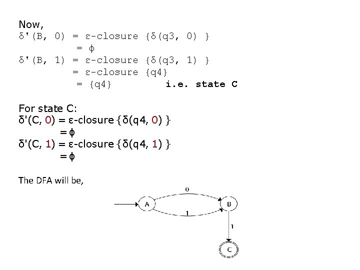 Now, δ'(B, 0) = ε-closure {δ(q 3, 0) } = ϕ δ'(B, 1) =