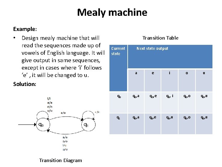 Mealy machine Example: • Design mealy machine that will read the sequences made up