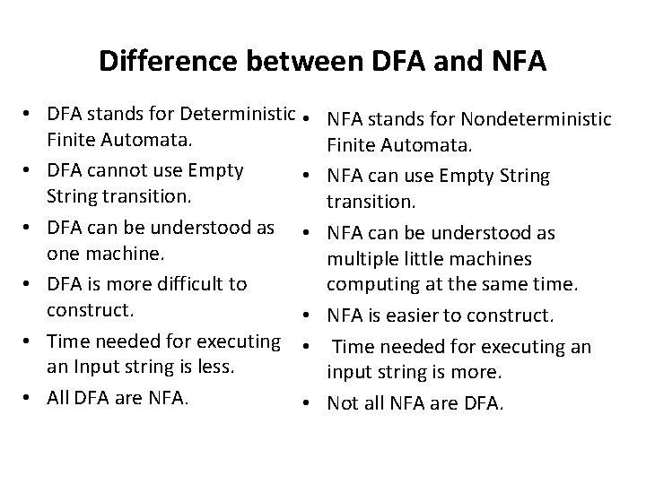 Difference between DFA and NFA • DFA stands for Deterministic • Finite Automata. •