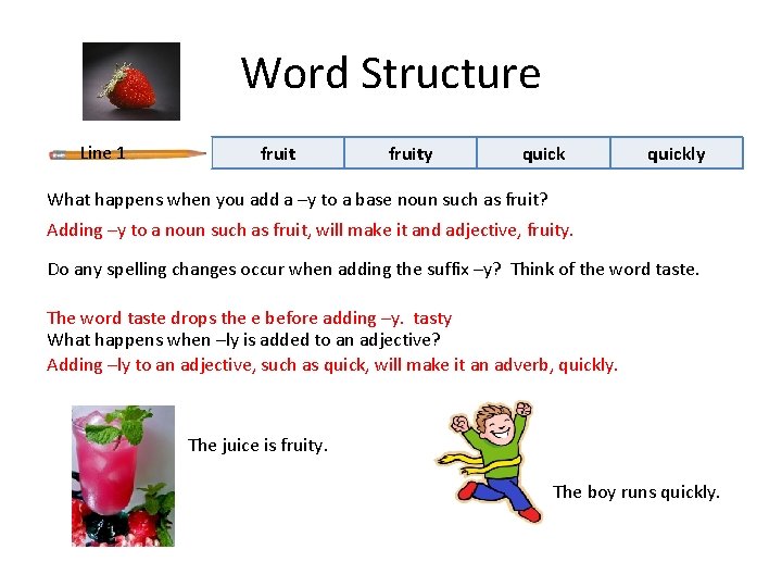 Word Structure Line 1 fruity quickly What happens when you add a –y to