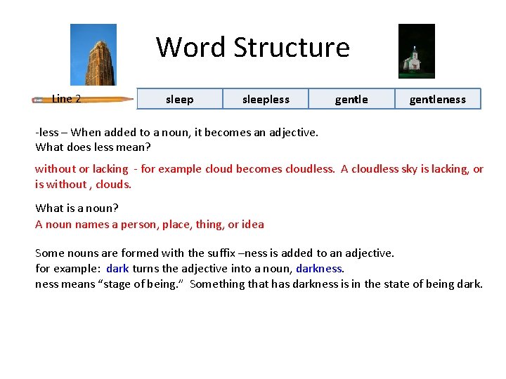 Word Structure Line 2 sleepless gentleness -less – When added to a noun, it