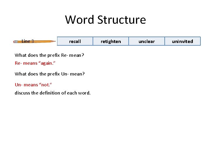 Word Structure Line 3 recall What does the prefix Re- mean? Re- means “again.