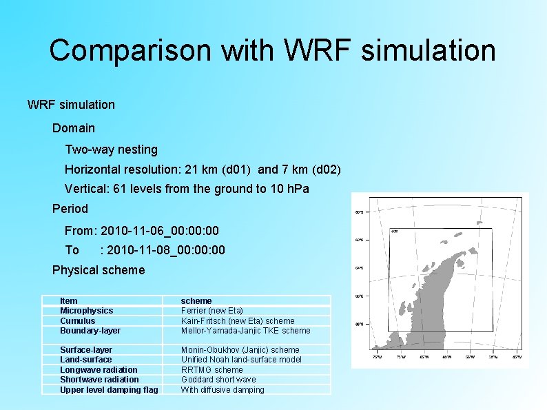 Comparison with WRF simulation Domain Two-way nesting Horizontal resolution: 21 km (d 01) and