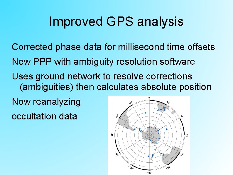 Improved GPS analysis Corrected phase data for millisecond time offsets New PPP with ambiguity