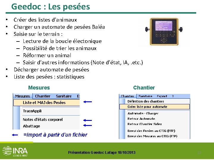 Geedoc : Les pesées • Créer des listes d’animaux • Charger un automate de