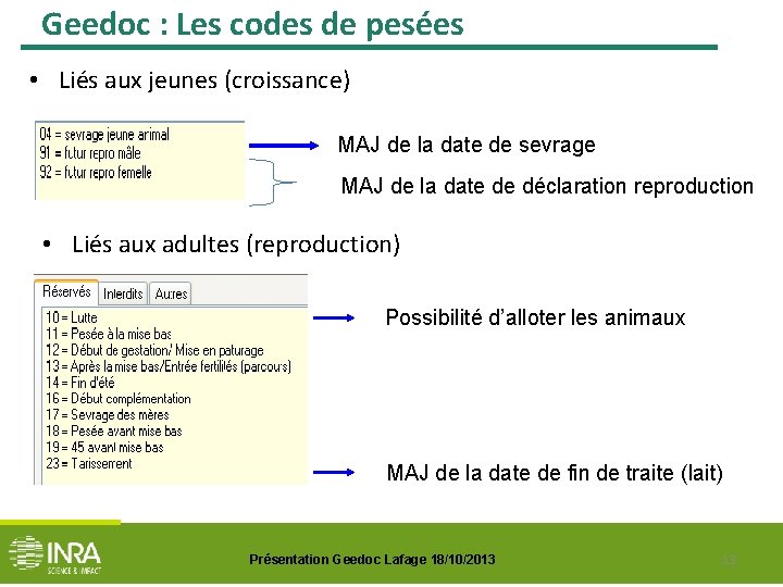 Geedoc : Les codes de pesées • Liés aux jeunes (croissance) MAJ de la