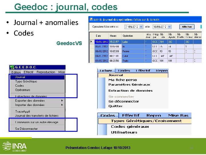 Geedoc : journal, codes • Journal + anomalies • Codes Geedoc. VS Présentation Geedoc