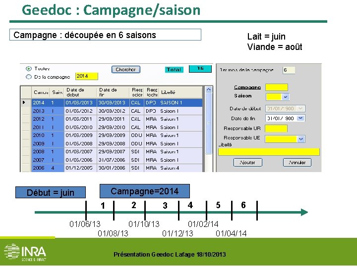 Geedoc : Campagne/saison Campagne : découpée en 6 saisons Lait = juin Viande =