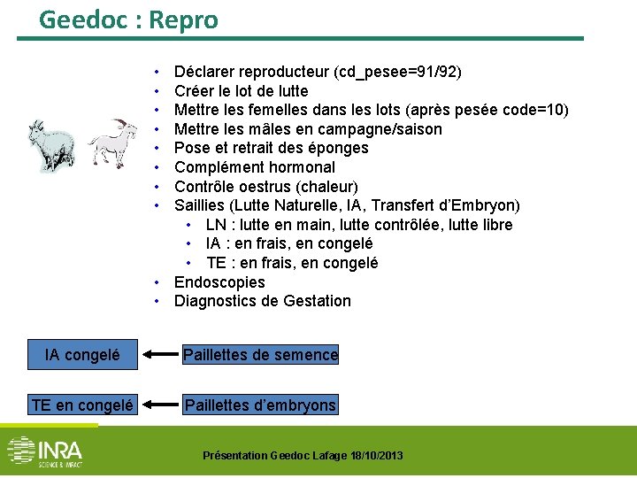 Geedoc : Repro • • Déclarer reproducteur (cd_pesee=91/92) Créer le lot de lutte Mettre