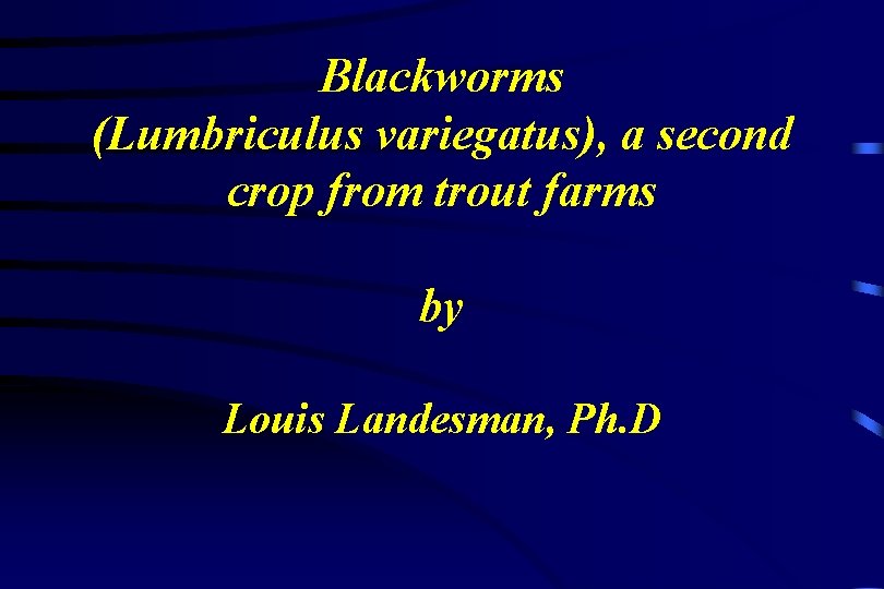 Blackworms (Lumbriculus variegatus), a second crop from trout farms by Louis Landesman, Ph. D